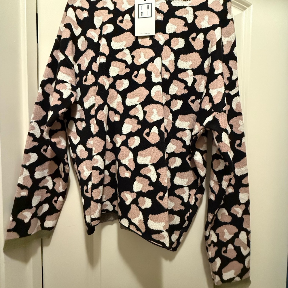 THML Black Leopard Print Cowl Neck Sweater with Blush and Cream Spots